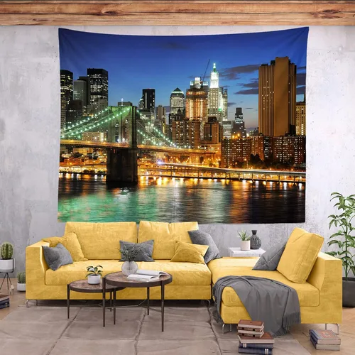 Miniatura 4 de Loccor Tapiz de la ciudad de Nueva York, puente de Brooklyn, Manhattan, horizonte nocturno, río Hudson, tapiz de pared de rascacielos urbano