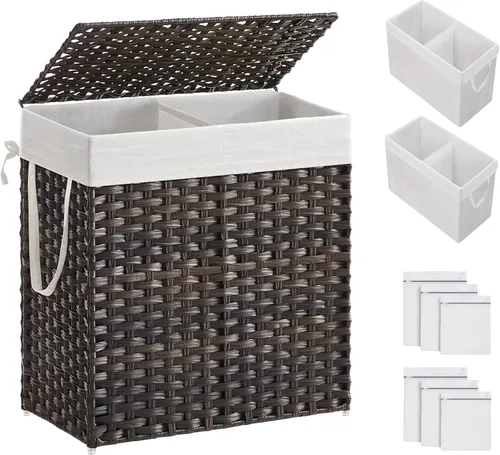 Miniatura 13 de SONGMICS Cesta de lavandería con tapa, cesta de ropa de 110 litros con 2 bolsas de forro extraíbles, 6 bolsas de malla, canasta de mimbre para Gris
