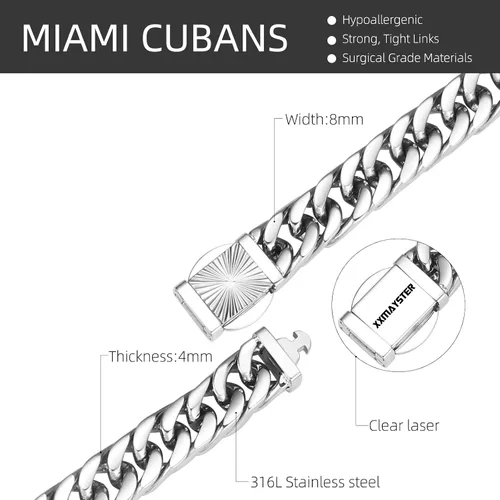 Miniatura 2 de XXMAYSTER Cadena de eslabones cubanos para hombre, acero inoxidable 316L, 0.315 in de ancho, patrón de moda, botón a presión, joyería de hip hop