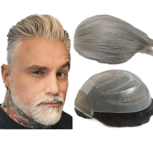 Miniatura 10 de 1B20 unidades de cabello gris Toupee para hombres piezas para hombre NLW sistema de reemplazo de heredero humano europeo para hombres 10x8 "toupee