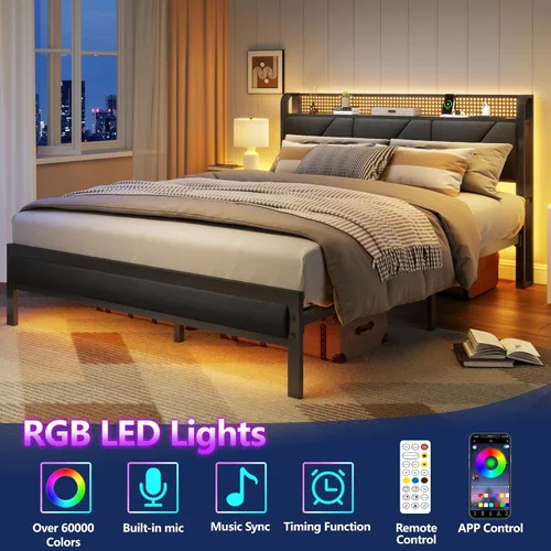 Miniatura 5 de Furnulem Base de cama Queen con cabecero y estante de almacenamiento, luz LED y estación de carga, cama de plataforma de metal con listones