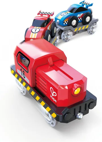 Miniatura 3 de Hape Transportador de autos de carreras Juego de transporte de autos de tren de juguete de madera de seis piezas para niños