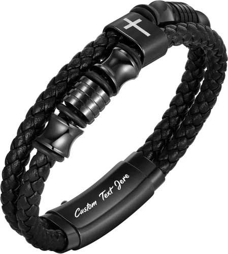 Miniatura 10 de TempBeau Pulsera de cuero negro cristiano para hombres, pulsera de cuero trenzado de doble fila con cruz de fe para hombres, regalo de joyería