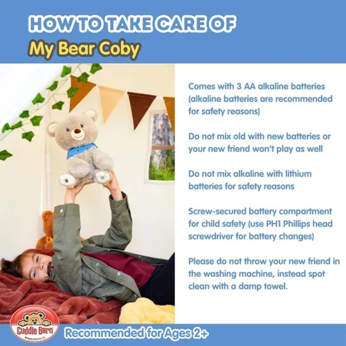 Miniatura 9 de Cuddle Barn My Bear Coby - Animal de peluche animado de oso de peluche, canto gris de 11 pulgadas