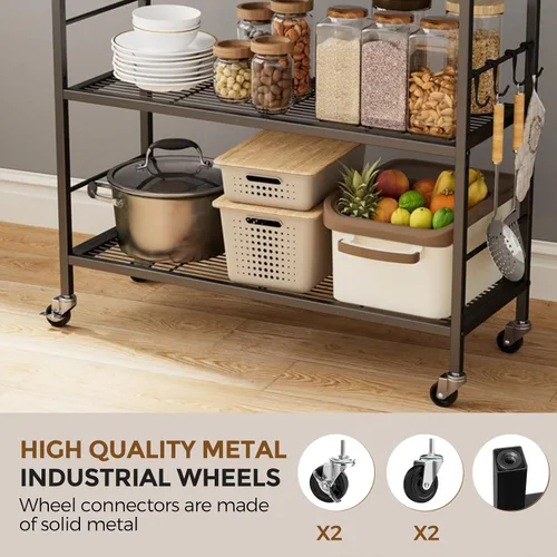 Miniatura 5 de Estante de almacenamiento de metal de 3 niveles con ruedas industriales, estantería de malla con mesa de madera, estante ajustable, 31.5 pulgadas