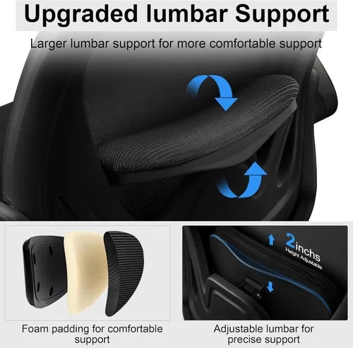 Miniatura 7 de Silla de dibujo alta de oficina con reposabrazos abatibles, altura ajustable y soporte lumbar mejorado, taburete ergonómico rodante, soporte de Negro
