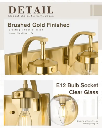 Miniatura 2 de Beionxii BX-VL03BG-3CG - Lámpara de tocador de baño de 3 luces de oro cepillado, modernas luces de tocador con pantalla de vidrio transparente