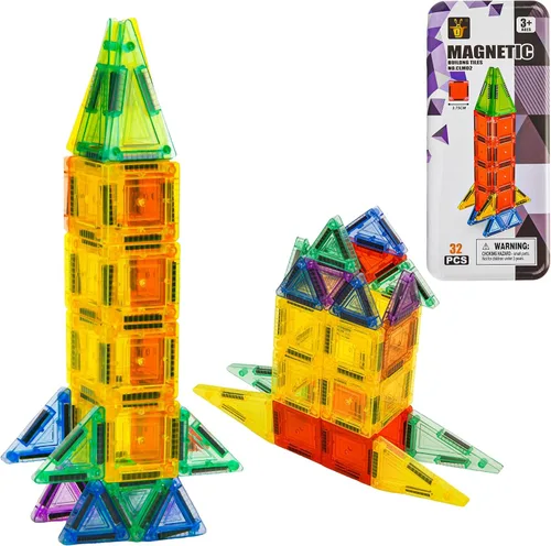 Juego de 32 mini azulejos magnéticos, juguetes magnéticos portátiles, juguetes de aprendizaje y juego STEM de construcción para niños, juguete