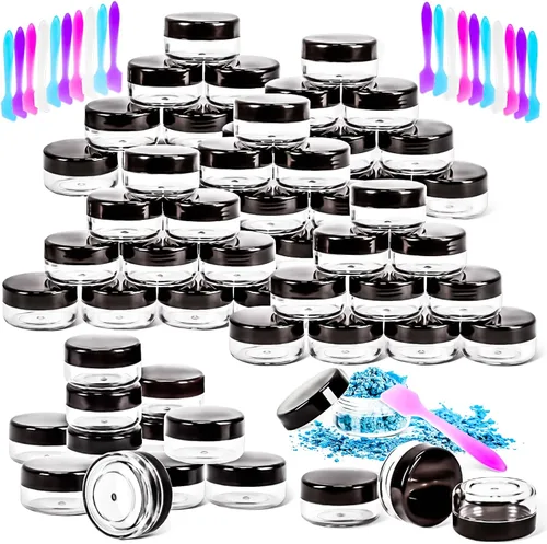 Miniatura 15 de Paquete de 50 de 10 g pequeños contenedores de cosméticos de plástico con tapas, frascos de maquillaje de 10 gramos de color ámbar con espátulas