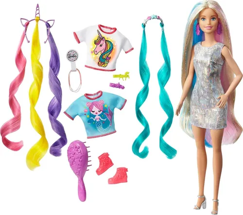 Barbie Muñeca y accesorios de pelo de fantasía, cabello rubio largo y colorido con ropa inspirada en sirena y unicornio