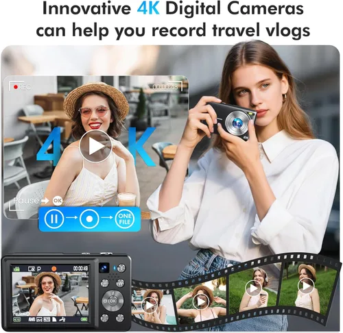 Miniatura 2 de Cámara digital 4K, cámara de videoblogs de 64 megapíxeles con enfoque automático y lente dual, zoom digital 16X, cámara compacta de YouTube
