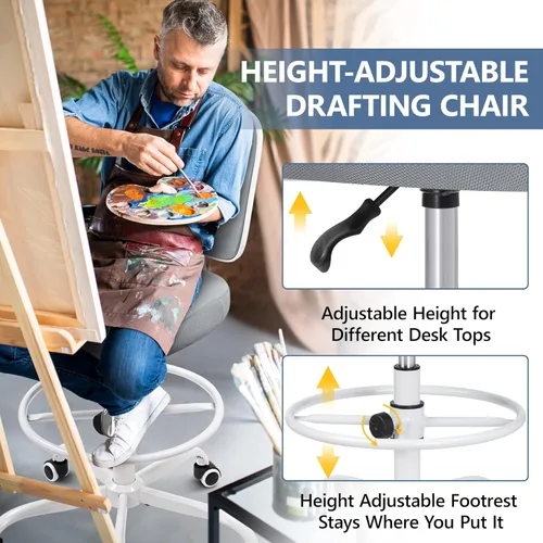 Miniatura 4 de Primy Silla de escritorio alta sin brazos, altura ajustable y reposapiés, silla ergonómica de escritorio de pie con respaldo medio, silla alta