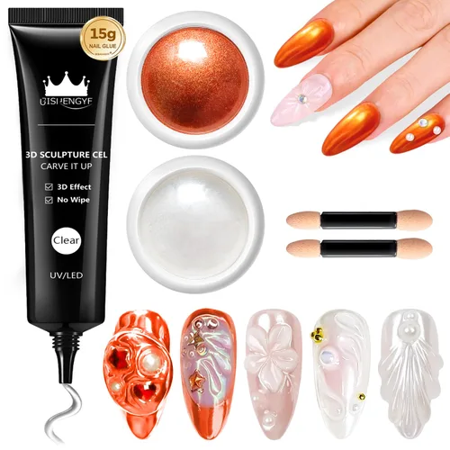 Miniatura 8 de Kit de gel de uñas 3D y polvo de uñas cromado BISHENGYF: 0.53 oz No Wipe Gel de Escultura 3D Aurora Rosa Azul Oro Cromo Polvo de uñas con pegamento