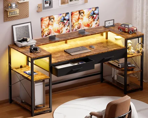 Miniatura 11 de Pamray Escritorio para computadora de 58 pulgadas con soporte para monitor y estantes, escritorio para juegos con luces LED y tomas de corriente