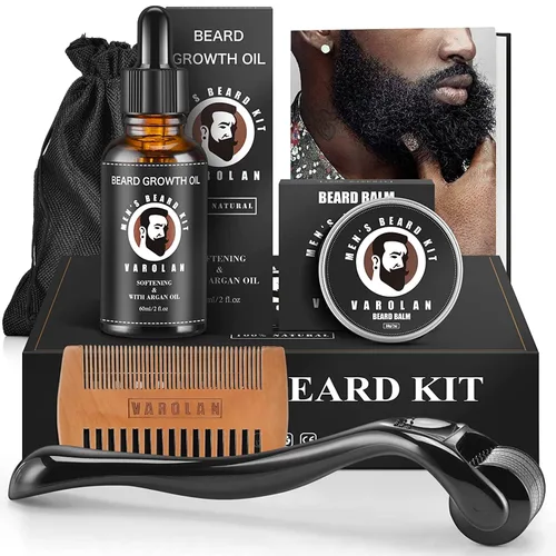 Kit de Crecimiento y Aseo de Barba Varolan - Aceite de Crecimiento (2Oz), Bálsamo, Peine, Libro Electrónico, Bolsa de Almacenamiento, Juego de