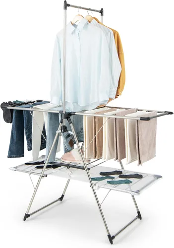 Tangkula Estante de secado de ropa plegable, estante de secado de ropa de 2 niveles con barra colgante alta, ala de gaviota ajustable en altura,