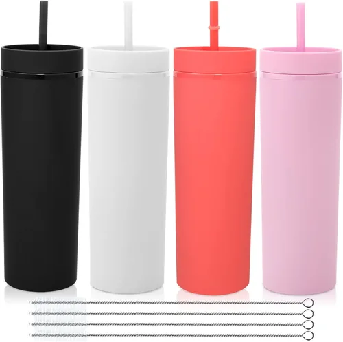 Volhoply Paquete de 4 vasos delgados de plástico de 20 onzas, vaso de doble pared con tapa y pajita, taza de café helado de viaje reutilizable,