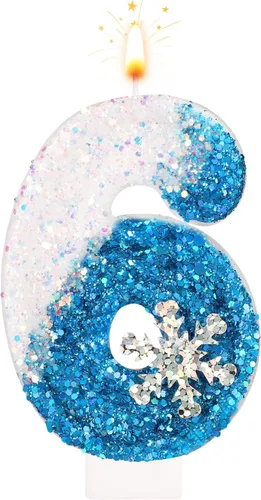 Miniatura 8 de Velas de cumpleaños del 0 al 9, velas de números con purpurina de copo de nieve, decoración de pasteles blancos y azules para niños y adultos