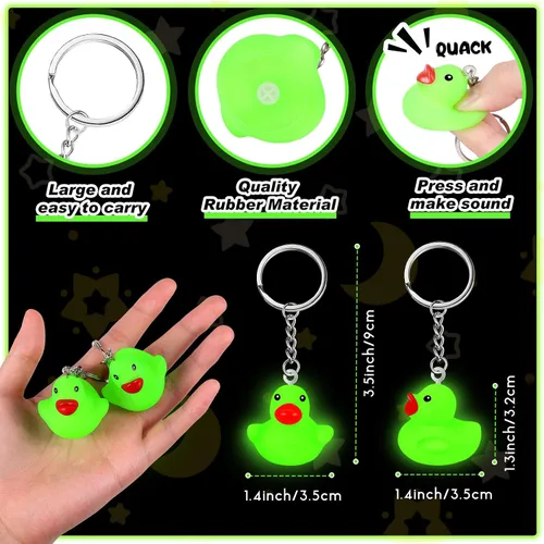 Miniatura 2 de Deekin 24 llaveros de pato luminoso, que brilla en la oscuridad, llavero verde de pato de goma para crucero, regalos de fiesta, suministros
