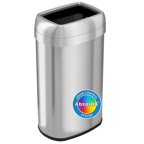 iTouchless Bote de basura ovalado de 16 galones con tapa abierta y cubo de reciclaje con filtros de olor duales AbsorbX, ahorro de espacio, gran