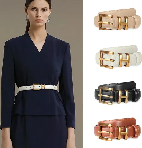 Miniatura 5 de Cinturón de cuero clásico con hebilla de metal para mujer con vestido de jeans