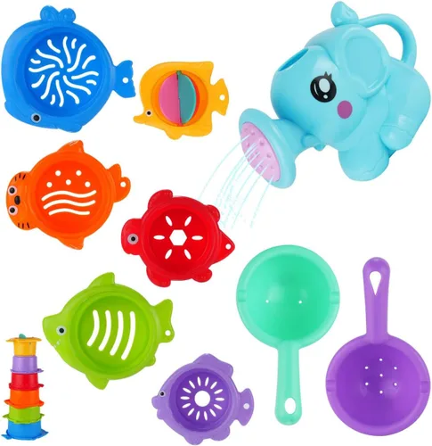 Miniatura 8 de Juguetes de baño para bebés para niños, 12 juguetes de baño sin moho para niños pequeños con botes flotantes, regadera, patos flotantes y cucharas