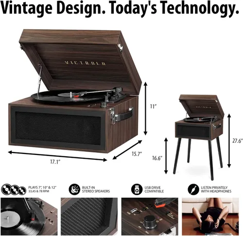Miniatura 4 de Victrola Liberty – Reproductor de discos Bluetooth – Giradiscos 5-en-1 con transmisión de vinilos, radio FM, reproducción USB, altavoces integrados