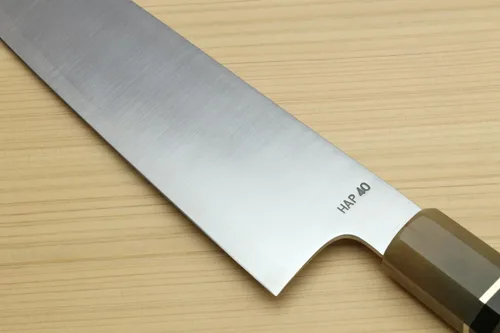 Miniatura 5 de Yoshihiro HAP40 Gyuto - Cuchillo de chef de acero inoxidable de alta velocidad, mango de ébano de triple anillo (8.25 pulgadas)