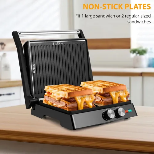 Miniatura 5 de SUSTEAS Panini Press Sandwichera y parrilla eléctrica para interiores con ajuste de temperatura y tiempo, rejillas antiadherentes fáciles