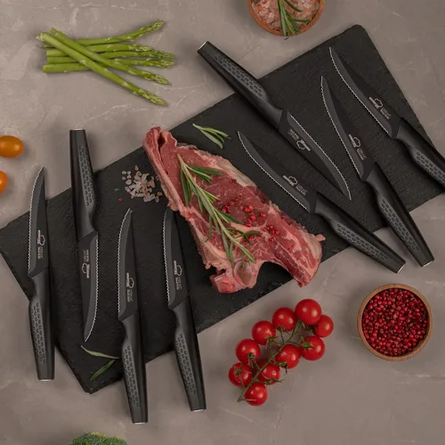 Miniatura 6 de Amorston Cuchillos para carne, juego de 8 cuchillos de carne de acero inoxidable, cuchillos dentados aptos para lavavajillas, color negro elegante