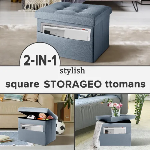 Miniatura 7 de LINMAGCO Otomano de Almacenamiento Plegable con Reposapiés y Bolsillo Lateral Sofá Corto Moderno de Tela de Lino 17x13x13(Azul Niebla)