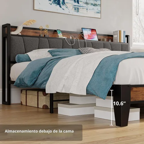 Miniatura 5 de LIKIMIO Base de cama California King, cabecera de almacenamiento con estación de carga, sólida y estable, sin ruido, no necesita somier, fácil