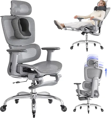 Miniatura 12 de Silla de oficina con reposapiés, silla ergonómica con almohada para el cuello y ruedas de goma, silla de computadora con respaldo ajustable y Negro