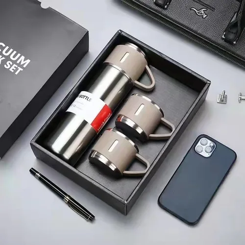 Miniatura 4 de 1 botella+3 tazas 16.9 fl oz 304 acero inoxidable aislado botella y taza conjunto para mantener el calor en invierno (negro)