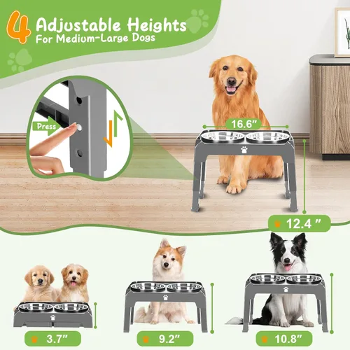 Miniatura 2 de Soporte elevado para cuenco para perros con 2 cuencos de acero inoxidable, altura ajustable para perros medianos y grandes, comedero plegable de Gris