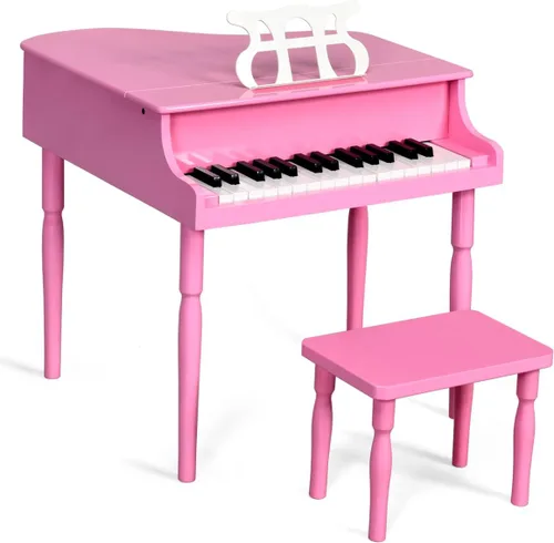 Miniatura 11 de HONEY JOY Piano clásico para niños, mini piano de cola de 30 teclas con soporte de música y banco, juguete de instrumento musical de madera con tapa