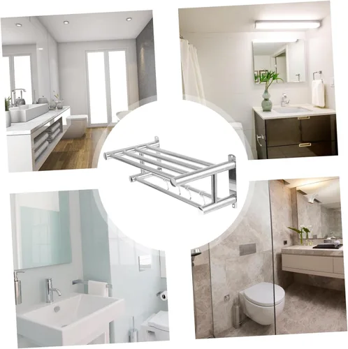 Miniatura 7 de OSALADI Toallero de baño con,Toallero de baño doble con estante, Toallero doble montado en la pared con estante Estante de baño de hotel de acero