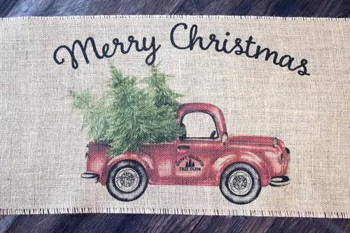 Miniatura 5 de Camino de mesa vintage de arpillera con diseño de camión rojo feliz Navidad