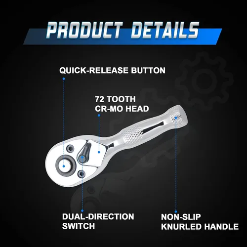 Miniatura 4 de Manija de trinquete corta de 1/4 pulgada, llave de trinquete mini, llave de dados de 1/4, 72 dientes, liberación rápida, reversible, acero