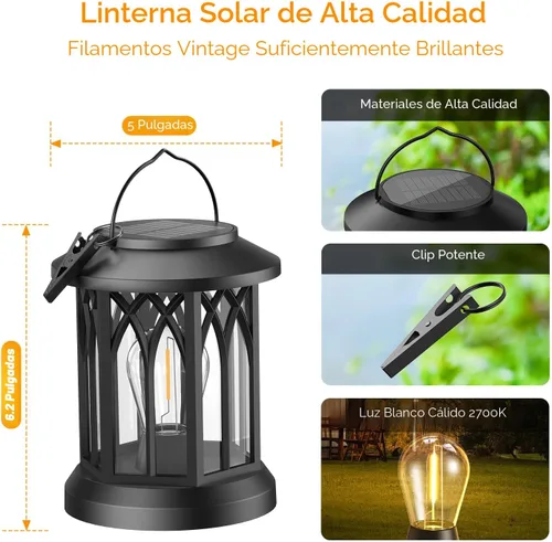 Miniatura 4 de WdtPro Faroles solares colgantes para exteriores, paquete de 2 faroles solares brillantes mejorados, impermeables, con energía solar, luces