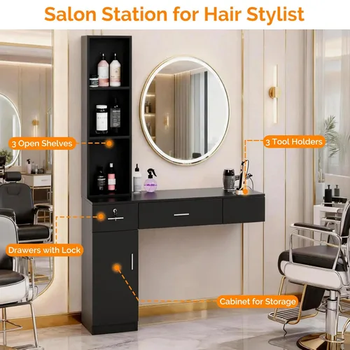 Miniatura 3 de OmySalon Estaciones de peluquería de montaje en pared, estaciones de salón para estilistas, juego de equipos de peinado con un gabinete de Negro