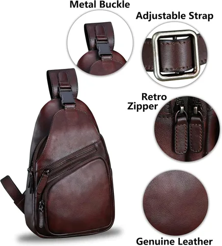 Miniatura 6 de LRTO Bolso de cuero genuino para hombres y mujeres, estilo vintage, de cuero auténtico, bandolera de hombro, bolso cruzado en el pecho, Café, Único