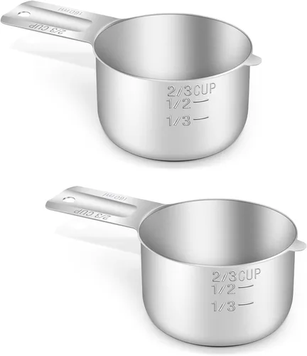 2 piezas 2/3 taza (160 ml, 5.3 oz) Taza medidora individual, cuchara medidora de acero inoxidable, medición métrica y en EE. UU., apta para