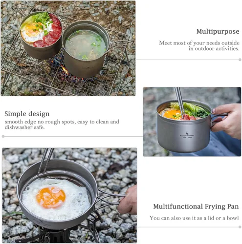 Miniatura 4 de Juego de sartenes de titanio con mango plegable para acampar al aire libre, sopa, tazón, sartén, kit de utensilios de cocina de picnic Ti1587