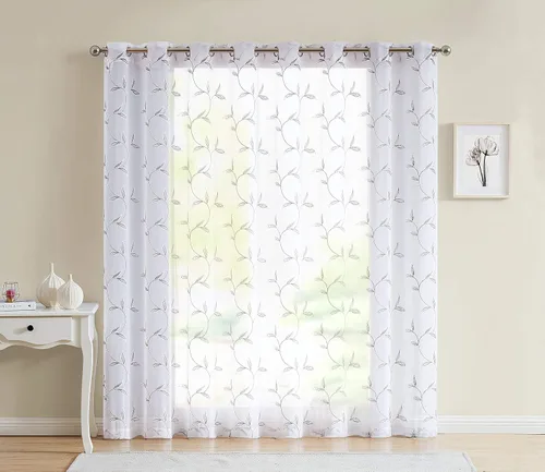 Miniatura 3 de LINENZONE Cortina de patio transparente blanca para puertas correderas con bordado de hojas de carbón gris. Extra ancha para patio, puertas