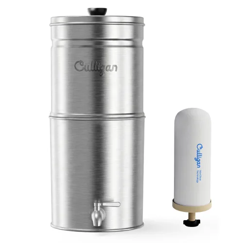 Culligan MaxClear - Sistema de filtro de agua por gravedad de 2.25 galones, filtro de agua de acero inoxidable cepillado para encimera, certificado
