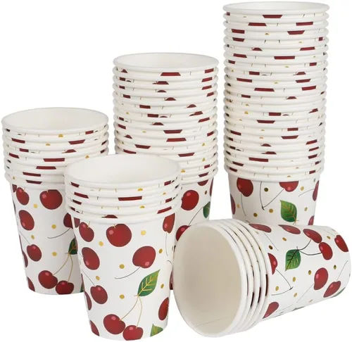 Miniatura 5 de Geeklife Vasos de papel de cereza dorada, 9 onzas de papel de cerezas, frutas y cerezas, desechables, vasos de papel decorativos a granel, 40