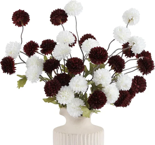 Miniatura 12 de DuHouse 6 piezas de flores artificiales de seda falsa pompón, mini rosa falsa pequeña con tallos para ramos de bodas, centros de mesa, jarrones, Café