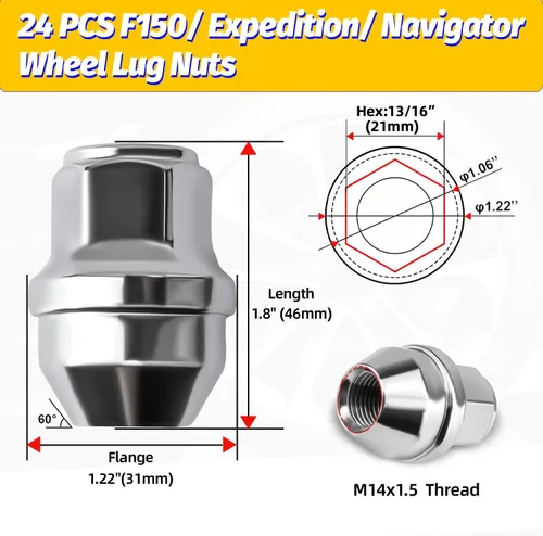 Miniatura 2 de Tuercas de llanta OEM M14x1.5 24PCS para 2015-2024 F150, Expedition, Navigator, Tuercas de rueda de 14x1.5 Fábrica de aluminio de una pieza, OEM #