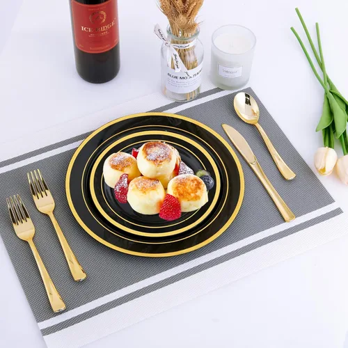 Miniatura 7 de 125 platos de plástico para cena de Halloween, incluye 25 platos de postre desechables y cubiertos desechables dorados, juego de vajilla para 25
